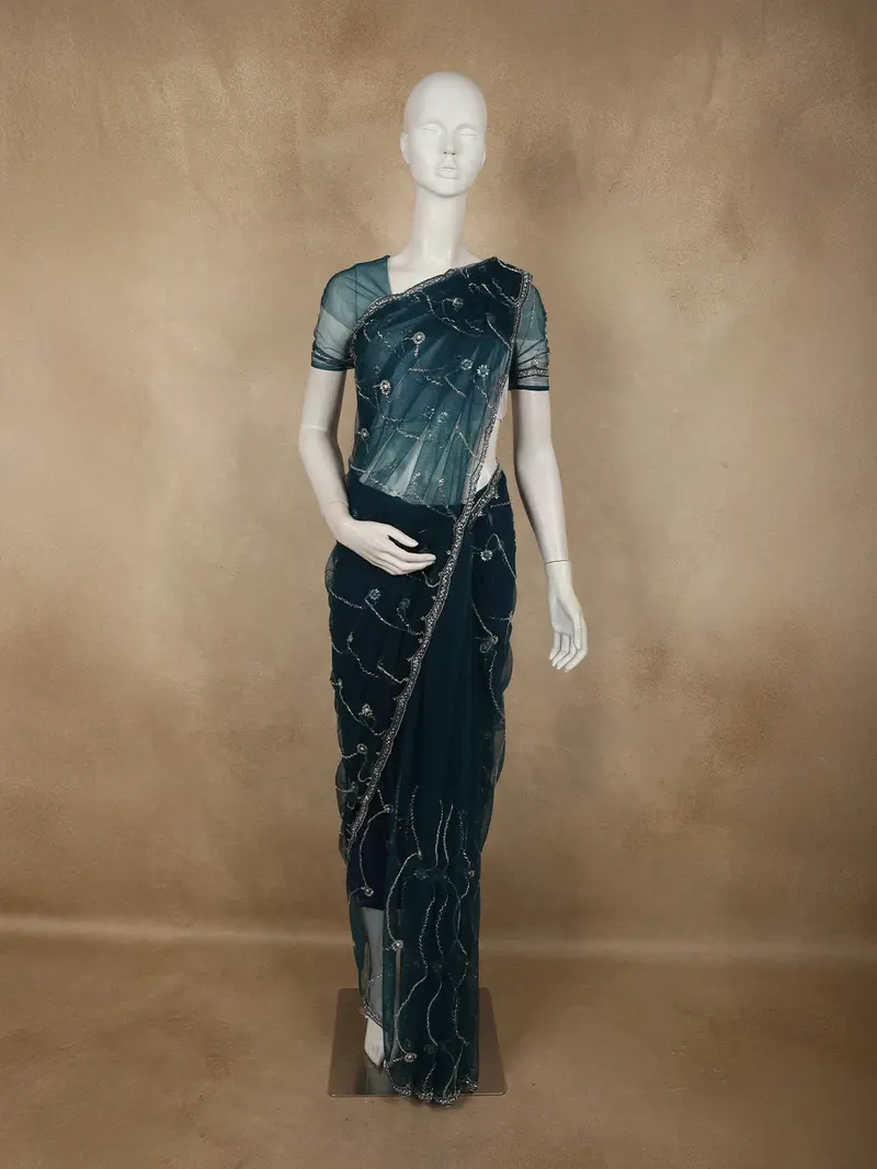 Peacock Blue Sequins And Beads Embroidered Design Net Designer Saree 1