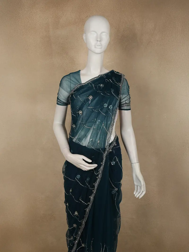 Peacock Blue Sequins And Beads Embroidered Design Net Designer Saree 2