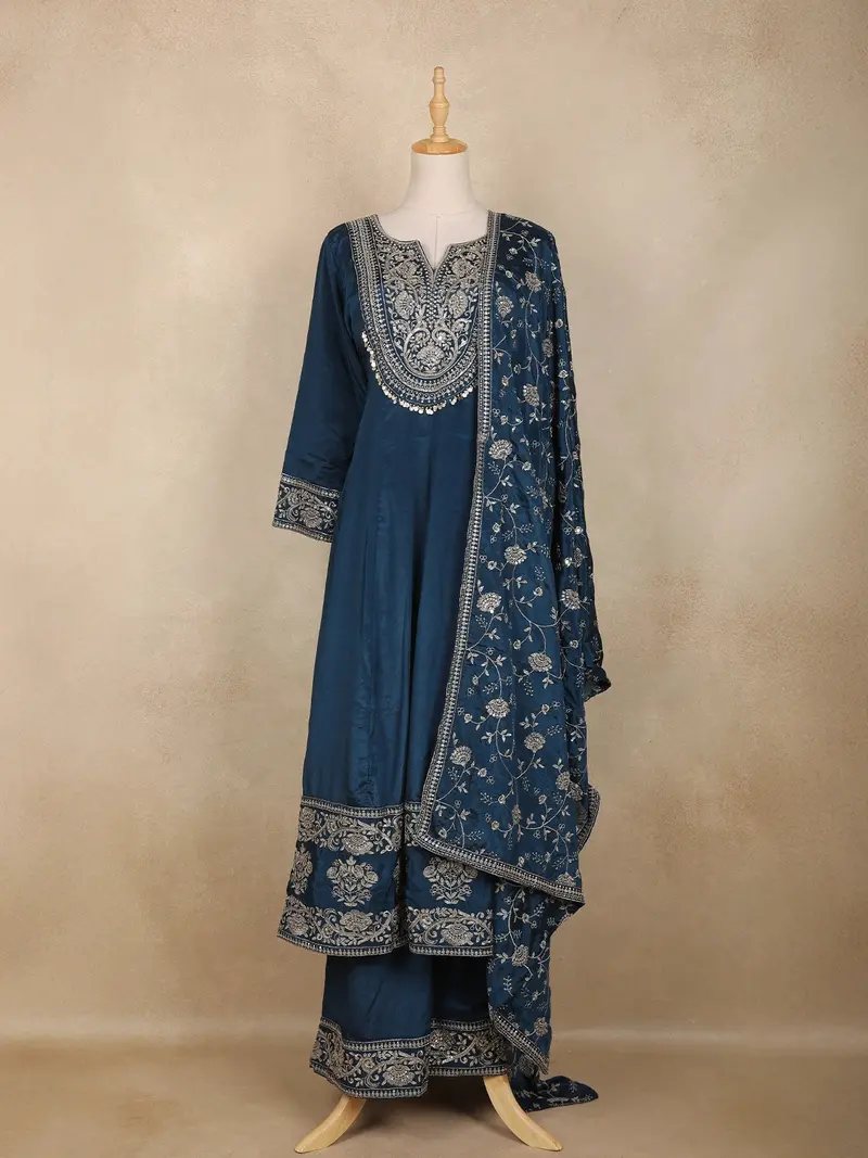 Peacock Blue Sequins And Thread Embroidered Georgette Palazzo Suit With Dupatta 1