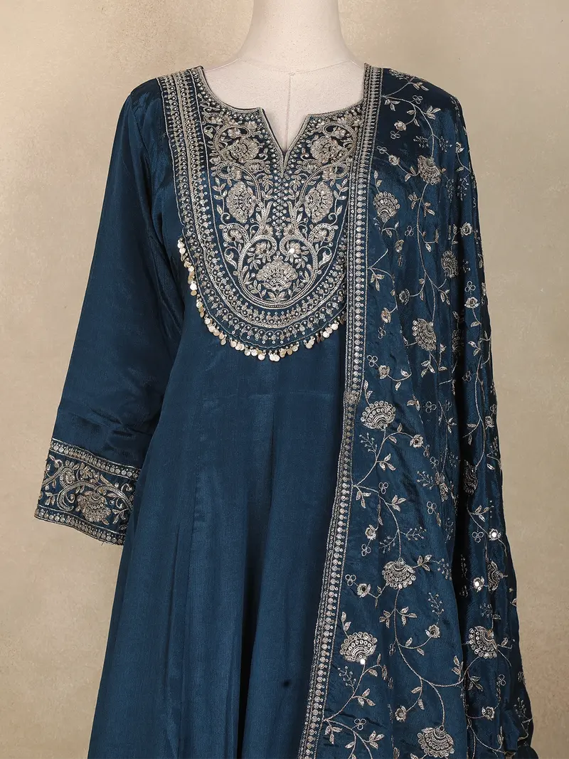 Peacock Blue Sequins And Thread Embroidered Georgette Palazzo Suit With Dupatta 2