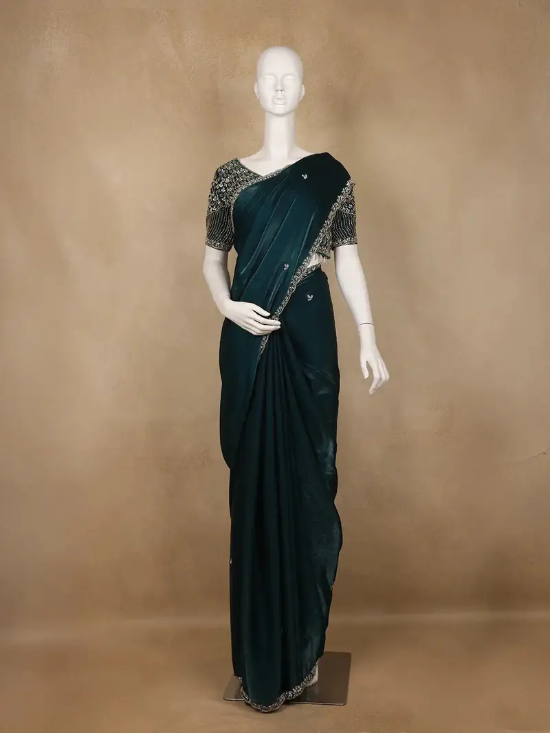 Peacock Blue Sequins Design Satin Saree 1
