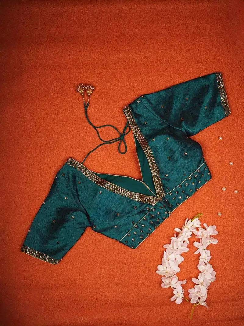 Peacock Blue Silk Readymade Blouse Adorned With Beads Design 1