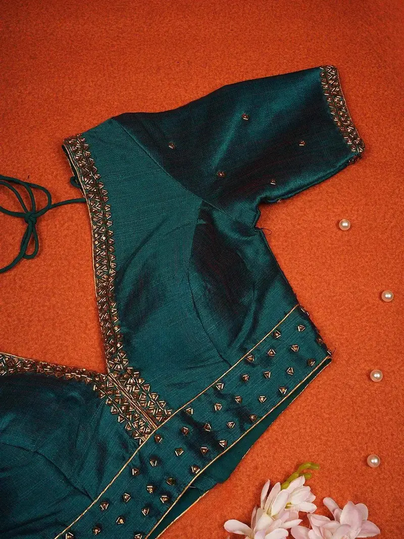 Peacock Blue Silk Readymade Blouse Adorned With Beads Design 2