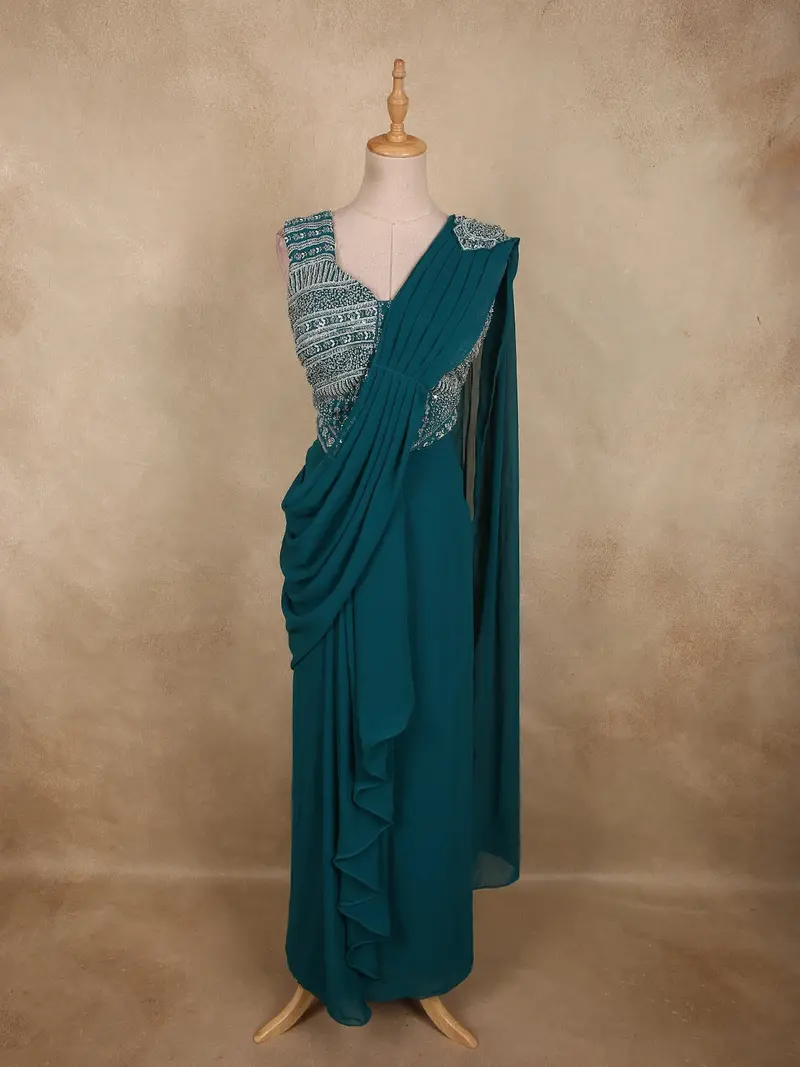 Peacock Blue Solid Design Georgette Ready To Wear Draped Saree With Designer Blouse 1