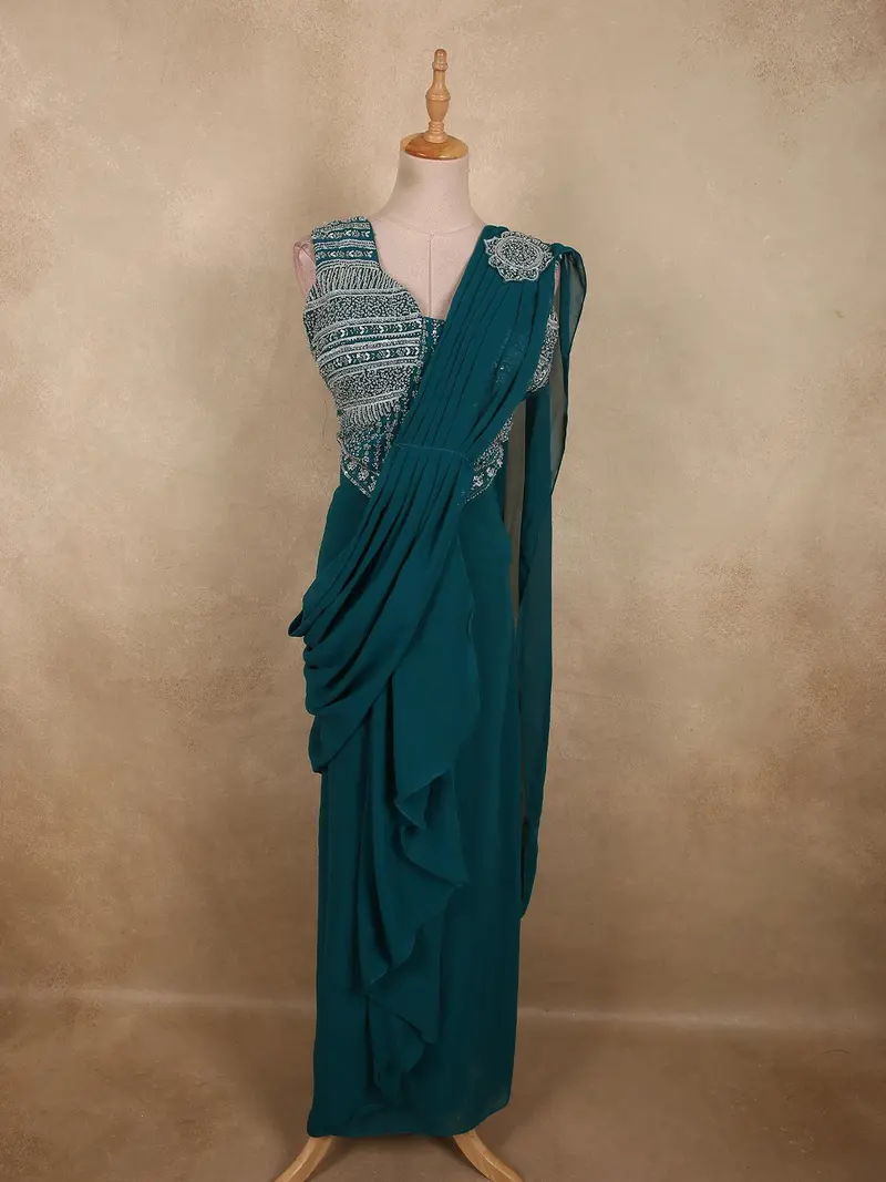 Peacock Blue Solid Design Georgette Ready To Wear Draped Saree With Designer Blouse 1