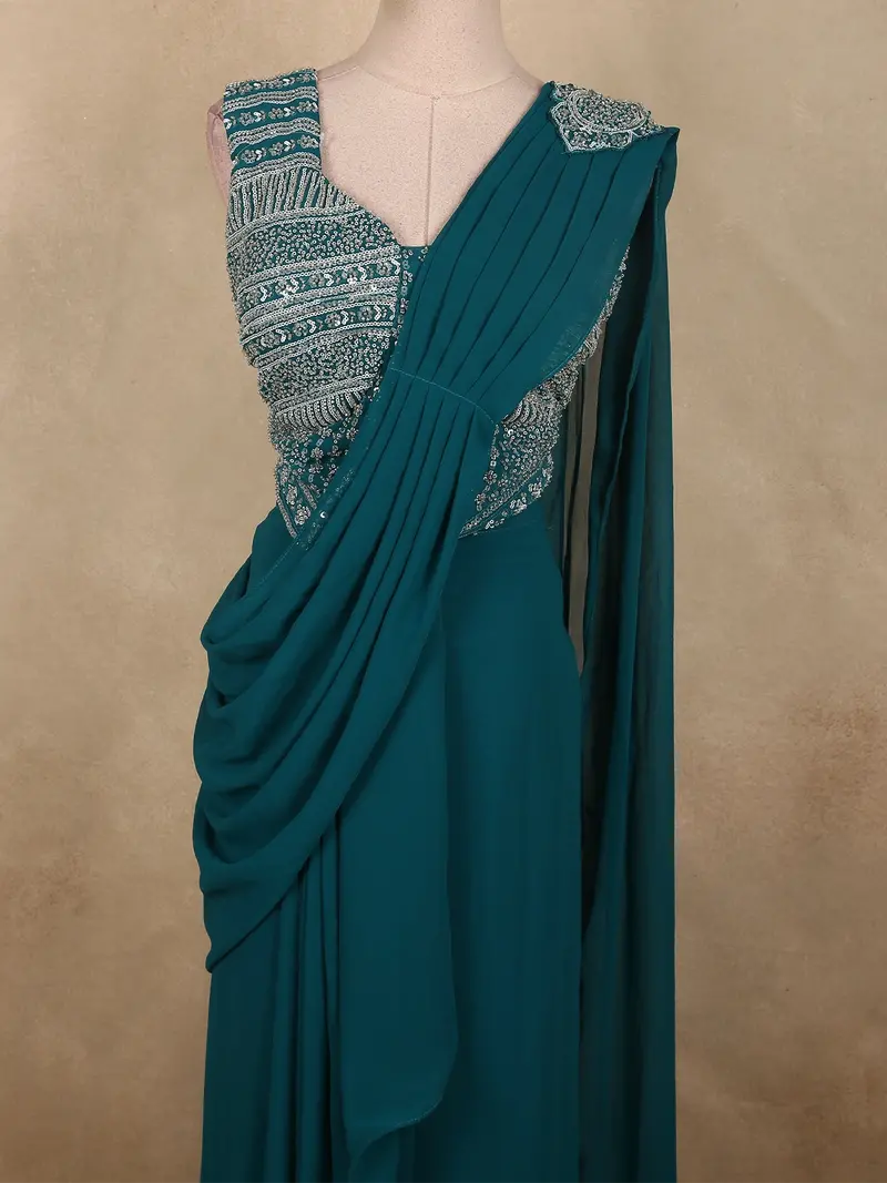 Peacock Blue Solid Design Georgette Ready To Wear Draped Saree With Designer Blouse 2