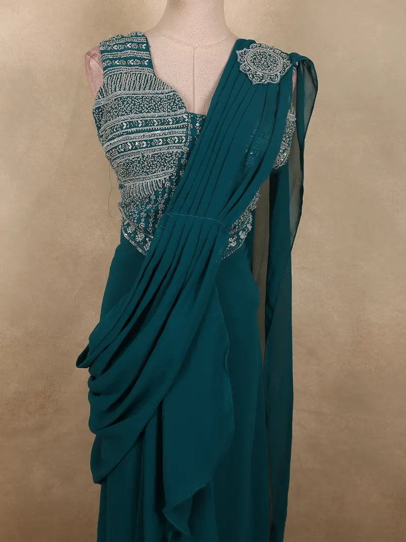 Peacock Blue Solid Design Georgette Ready To Wear Draped Saree With Designer Blouse 2