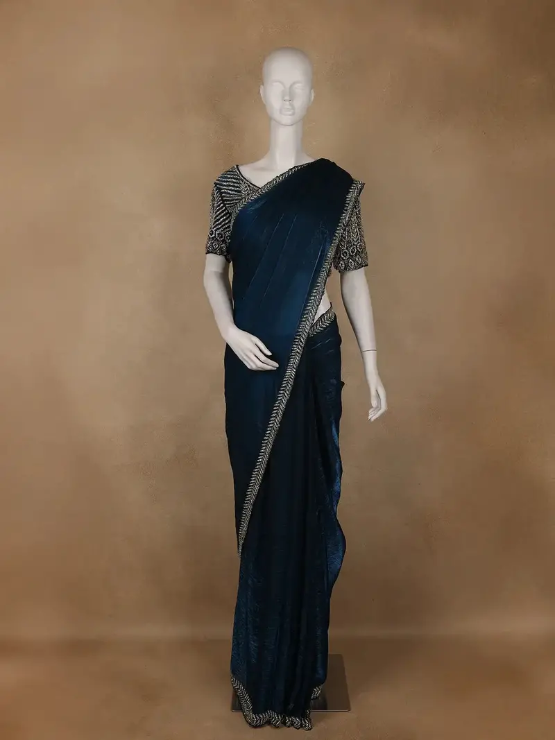 Peacock Blue Solid Organza Saree With Stone Embellished Border And Designer Blouse 1