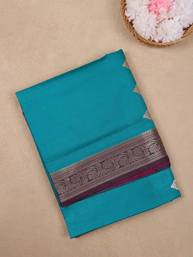 Peacock Blue Solid Woven Banarasi Silk Saree 1