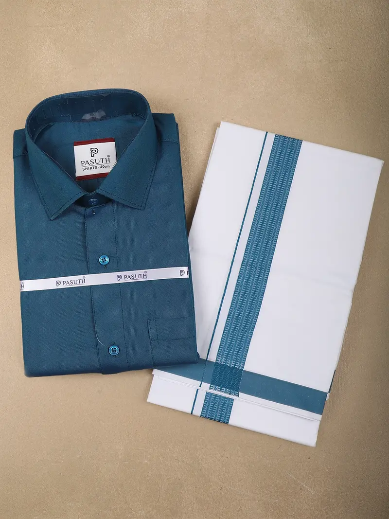 Peacock Blue Solid Woven Shirt With White Dhoti Featuring Teal Woven Border Combo Set 1