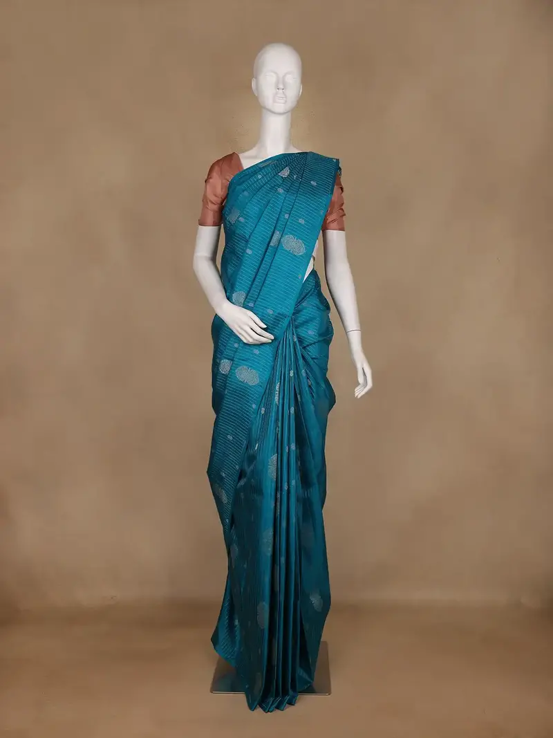 Peacock Blue Striped With Floral Butta Design Woven Pure Kanchipuram Silk Saree 1