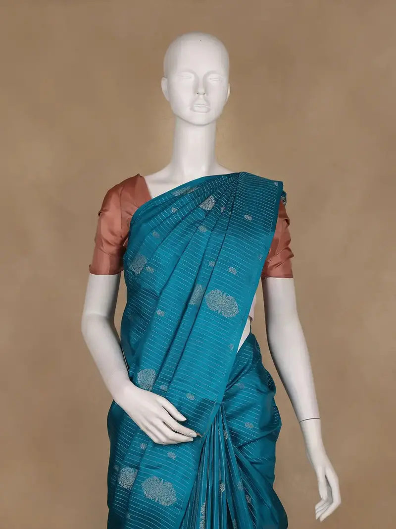 Peacock Blue Striped With Floral Butta Design Woven Pure Kanchipuram Silk Saree 2