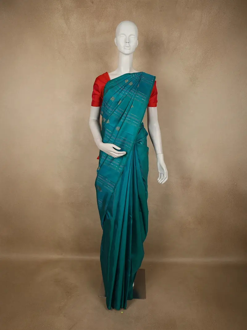 Peacock Blue Striped Zari Woven Design Pure Kanchipuram Silk Saree 1