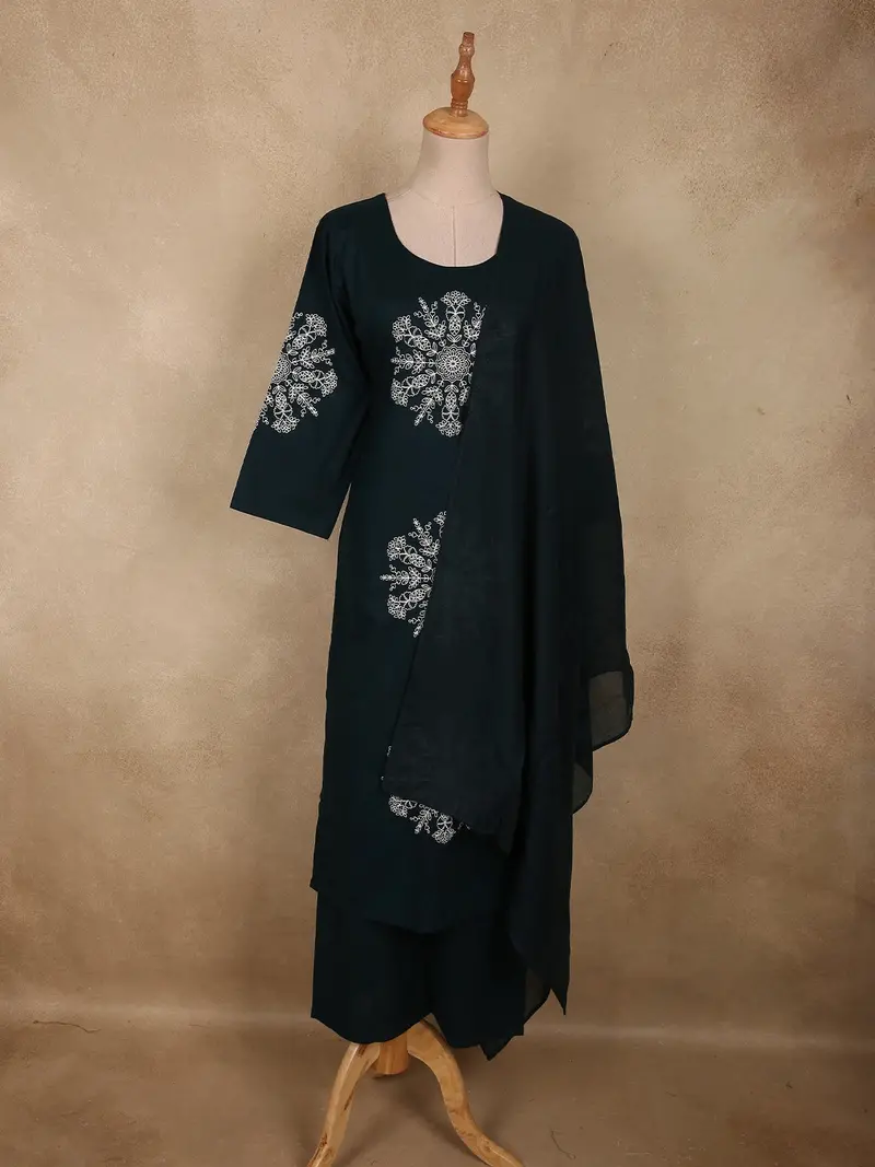 Peacock Blue Thread Embroidered Design Cotton Salwar Suit With Dupatta 1