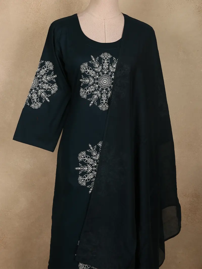 Peacock Blue Thread Embroidered Design Cotton Salwar Suit With Dupatta 2