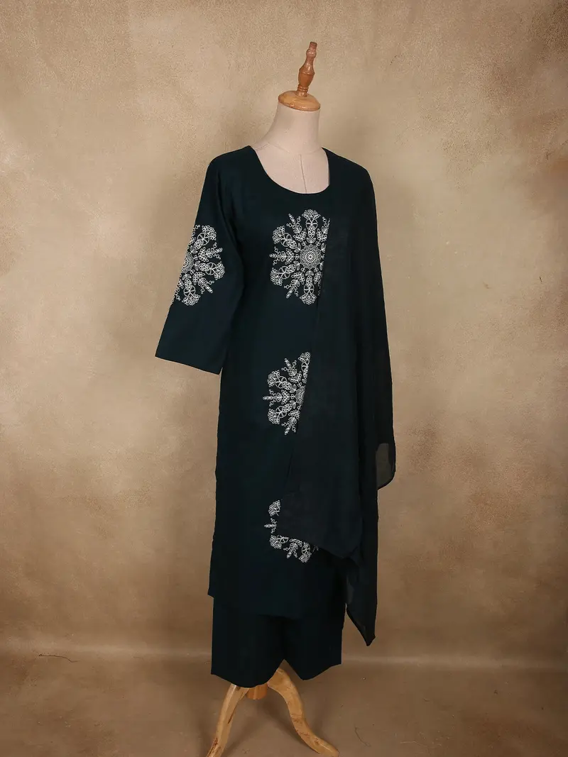 Peacock Blue Thread Embroidered Design Cotton Salwar Suit With Dupatta 3