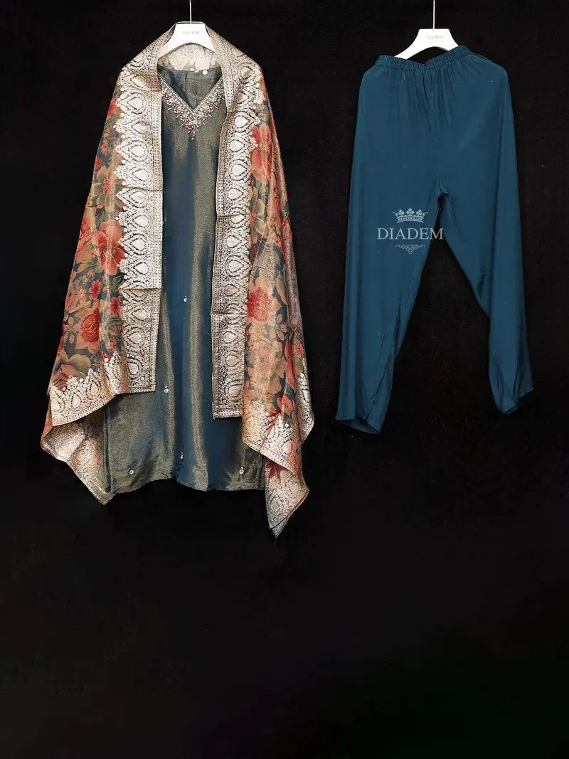 Peacock Blue Tissue Straight Cut Salwar Suit Adorned With Floral Embroidery, Paired With Dupatta 1