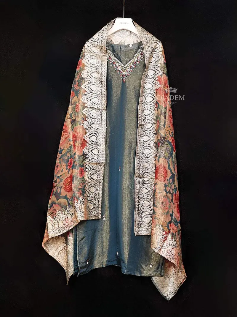 Peacock Blue Tissue Straight Cut Salwar Suit Adorned With Floral Embroidery, Paired With Dupatta 2