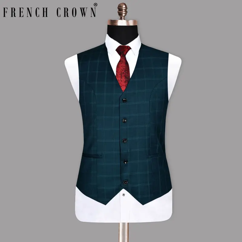 Peacock Blue Windowpane Wool Waistcoat 1