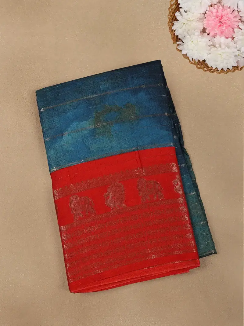 Peacock Blue With Red Contrast Zari Border Cotton Saree 1
