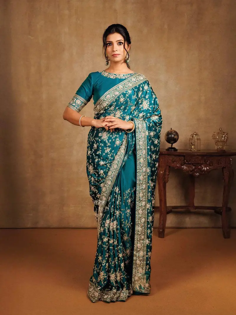 Peacock Green Bridal Satin Saree With Full Zardosi Floral Design 1