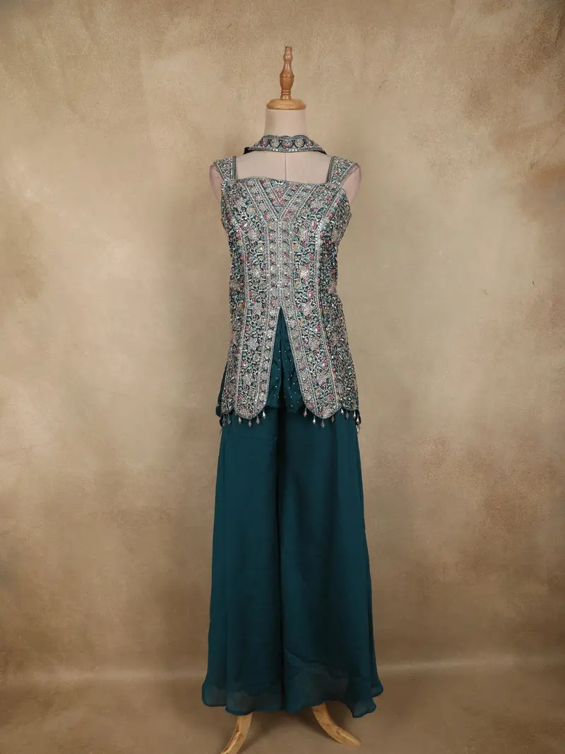 Peacock Green Embroidered Design Chiffon Palazzo Suit 1