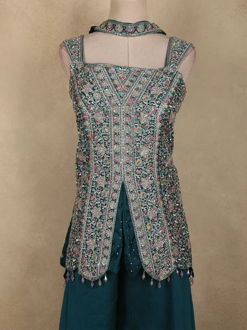 Peacock Green Embroidered Design Chiffon Palazzo Suit 2