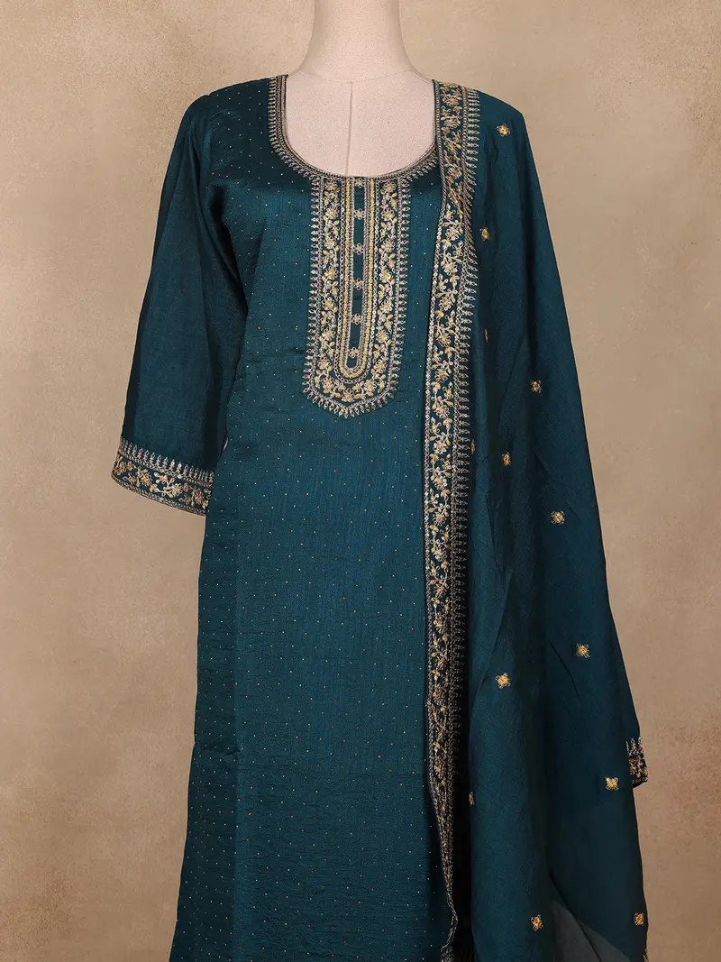 Peacock Green Embroidered Silk Palazzo Suit With Dupatta 1