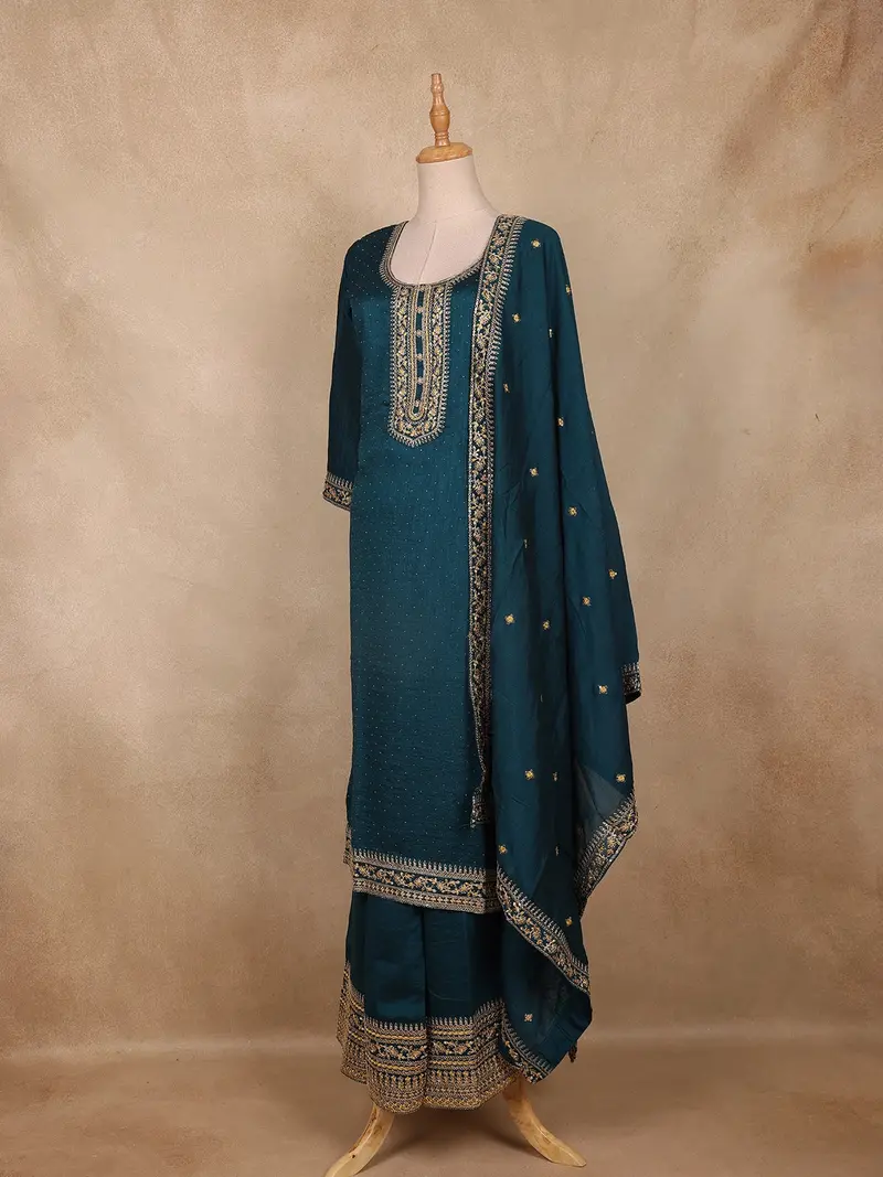 Peacock Green Embroidered Silk Palazzo Suit With Dupatta 2