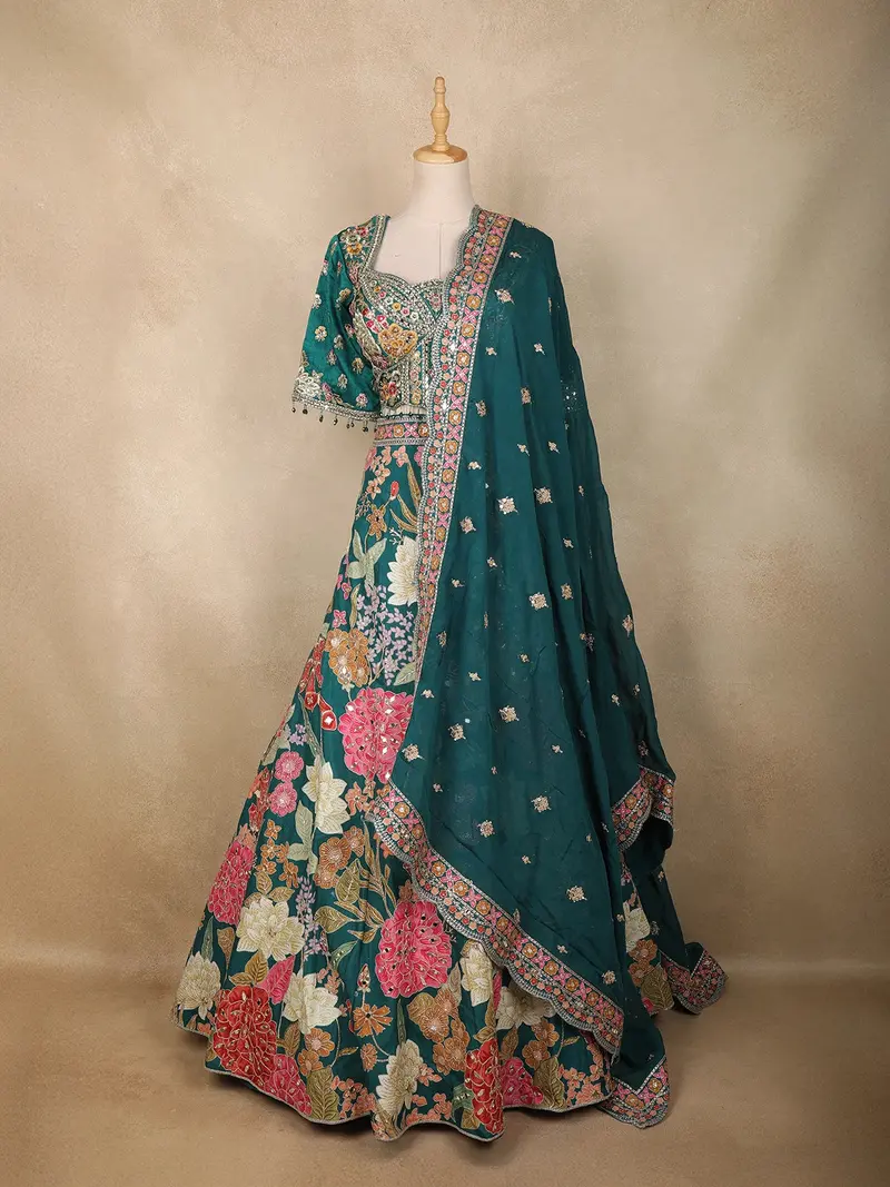 Peacock Green Floral And Mirror Embroidered Banarasi Silk Lehenga Set 1