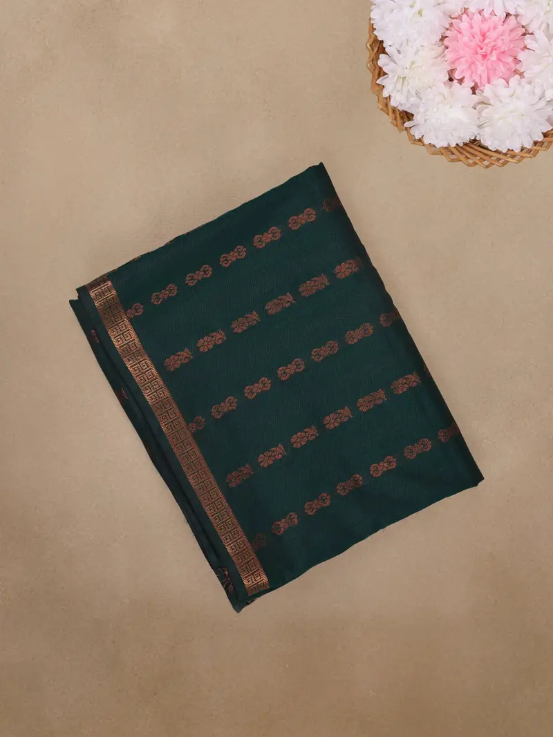 Peacock Green Floral Butta Design Cotton Saree 1