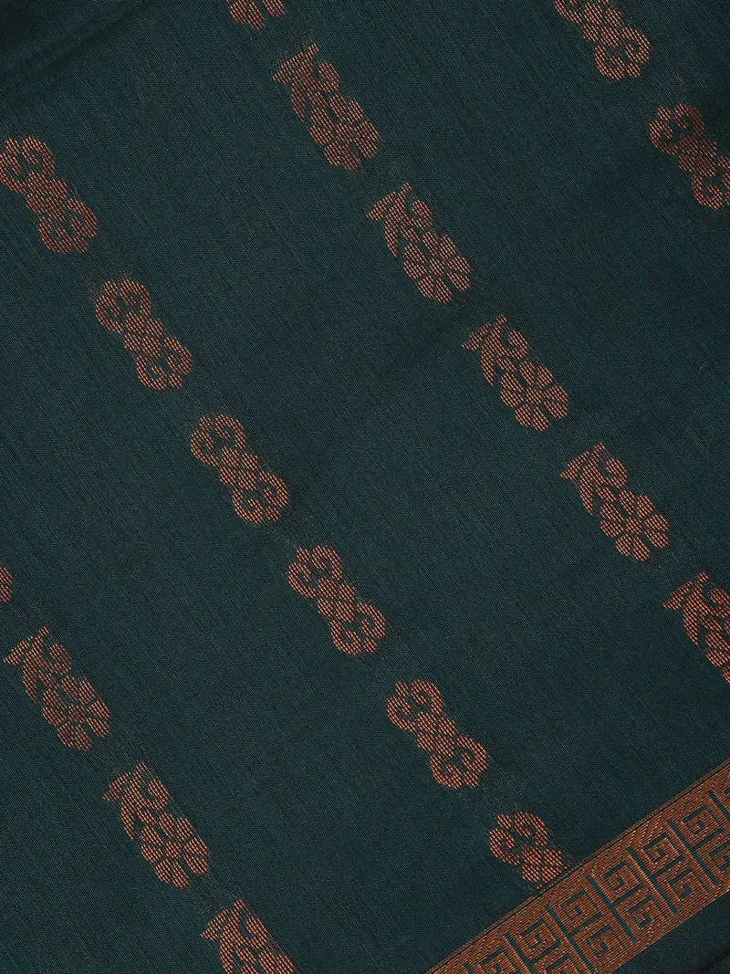 Peacock Green Floral Butta Design Cotton Saree 2