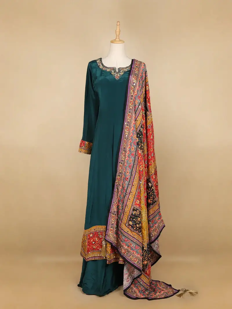 Peacock Green Floral Designed Semi Silk Anarkali Salwar Suit 1