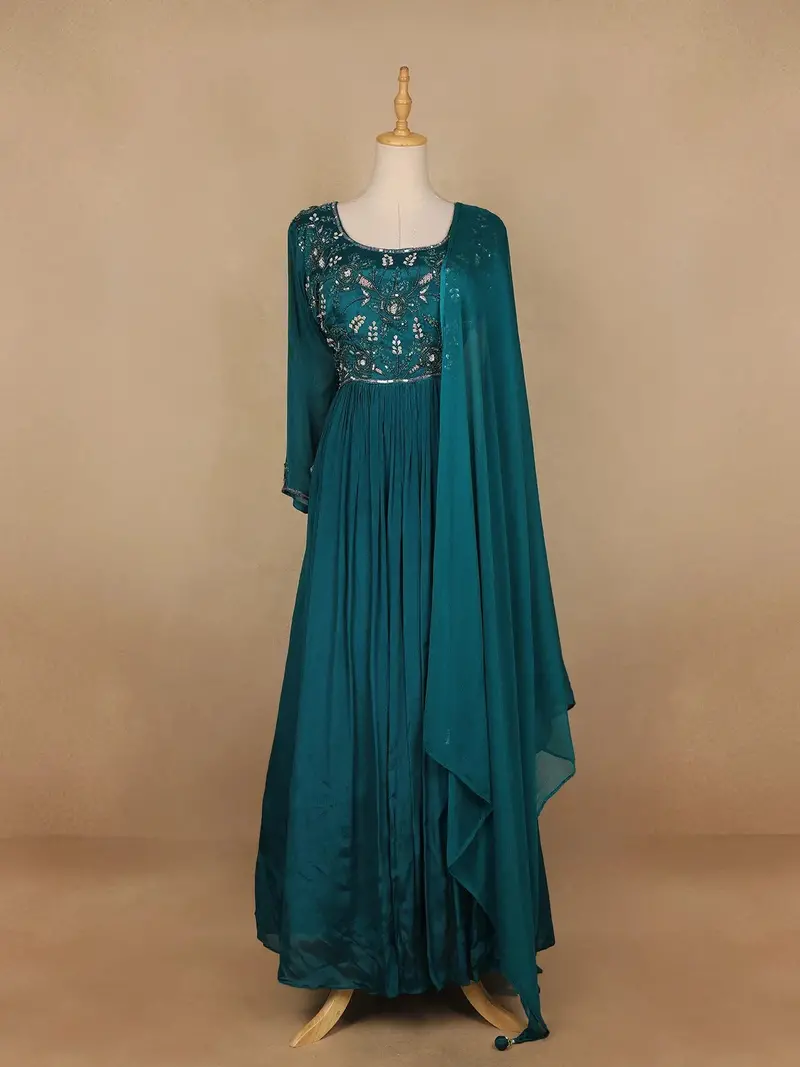Peacock Green Floral Embroidery Semi Silk Gown 1
