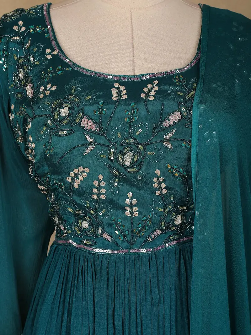 Peacock Green Floral Embroidery Semi Silk Gown 2