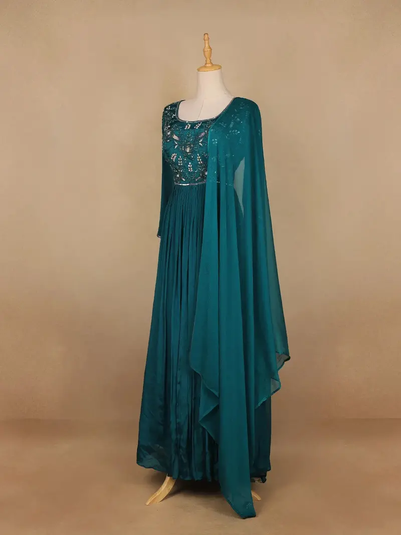 Peacock Green Floral Embroidery Semi Silk Gown 3