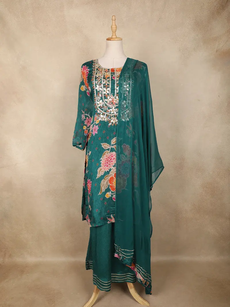 Peacock Green Floral Printed Cotton Crepe Salwar Suit With Dupatta 1