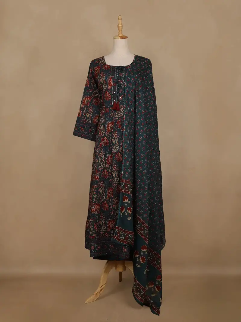 Peacock Green Floral Printed Cotton Salwar Suit With Dupatta 1