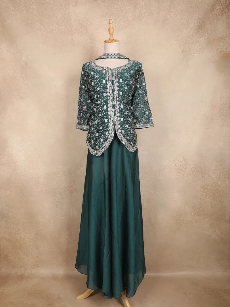 Peacock Green Sequins Design Georgette Palazzo Suit With Choker Dupatta 1