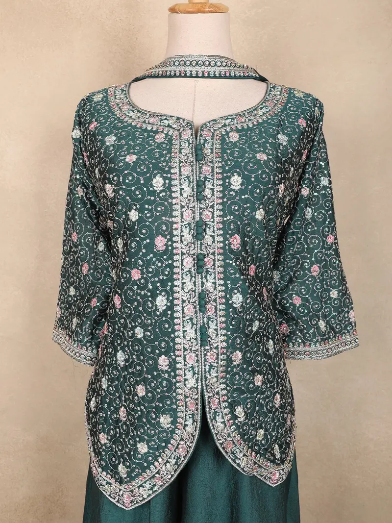 Peacock Green Sequins Design Georgette Palazzo Suit With Choker Dupatta 2
