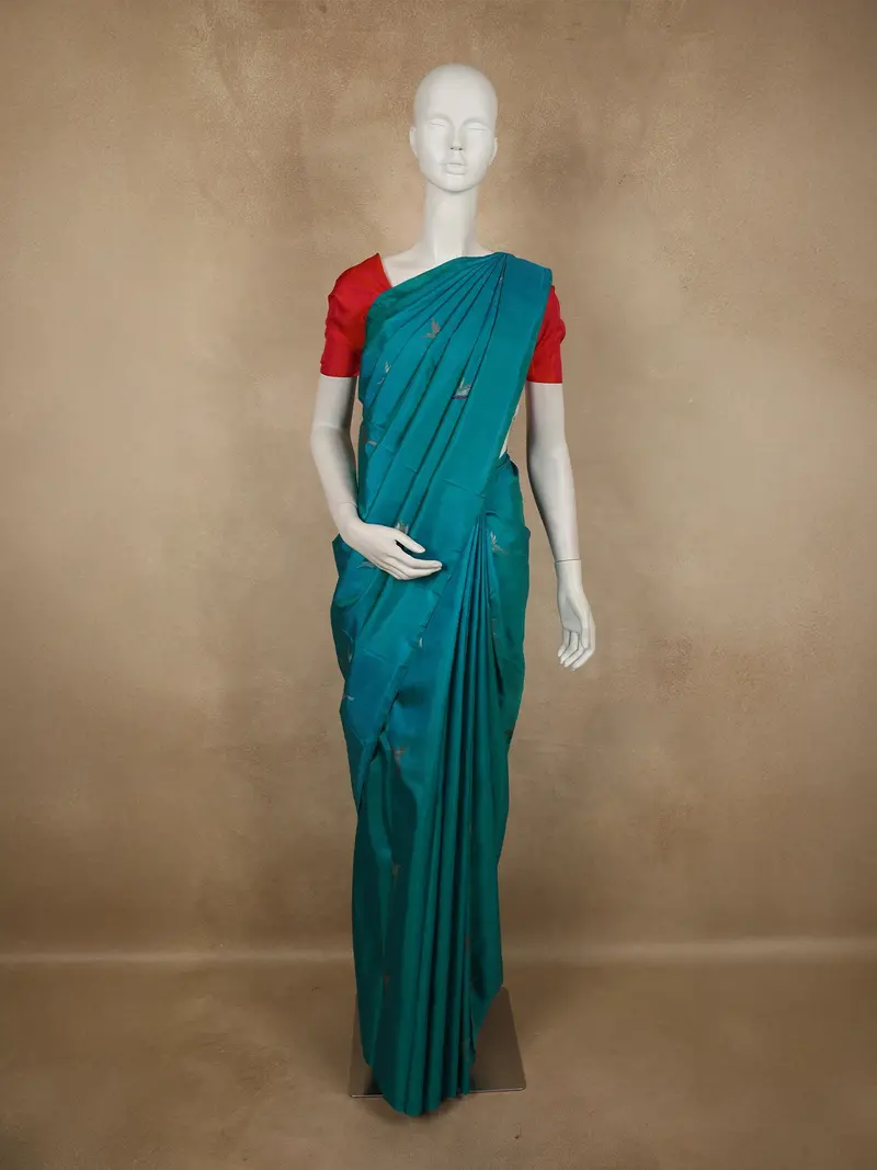Peacock Teal Blue Birds Motif Woven Design Pure Kanchipuram Silk Saree 1
