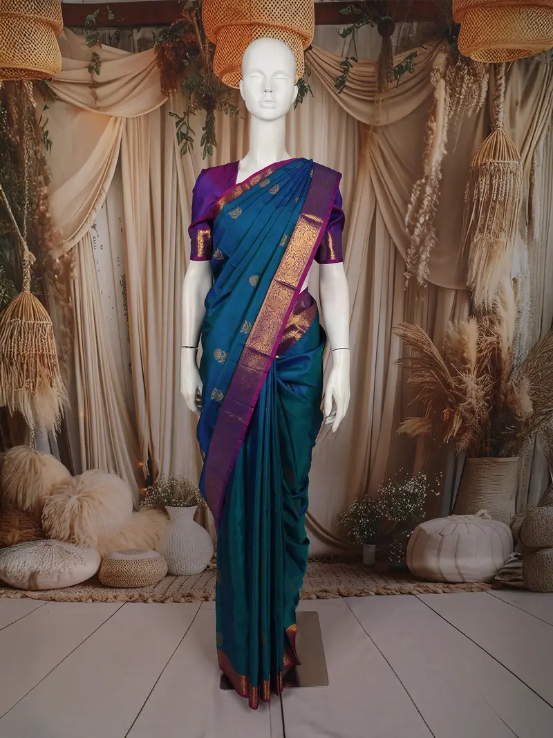 Peacock Teal Blue Butta Zari Woven Design Pure Kanchipuram Silk Saree With Contrast Zari Border 1