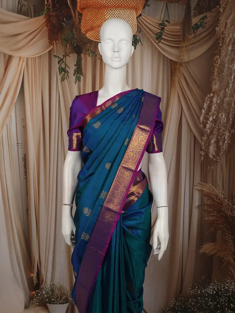 Peacock Teal Blue Butta Zari Woven Design Pure Kanchipuram Silk Saree With Contrast Zari Border 2