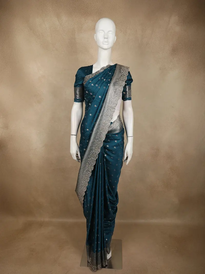 Peacock Teal Blue Butta Zari Woven Design Pure Satin Saree With Scalloped Border 1