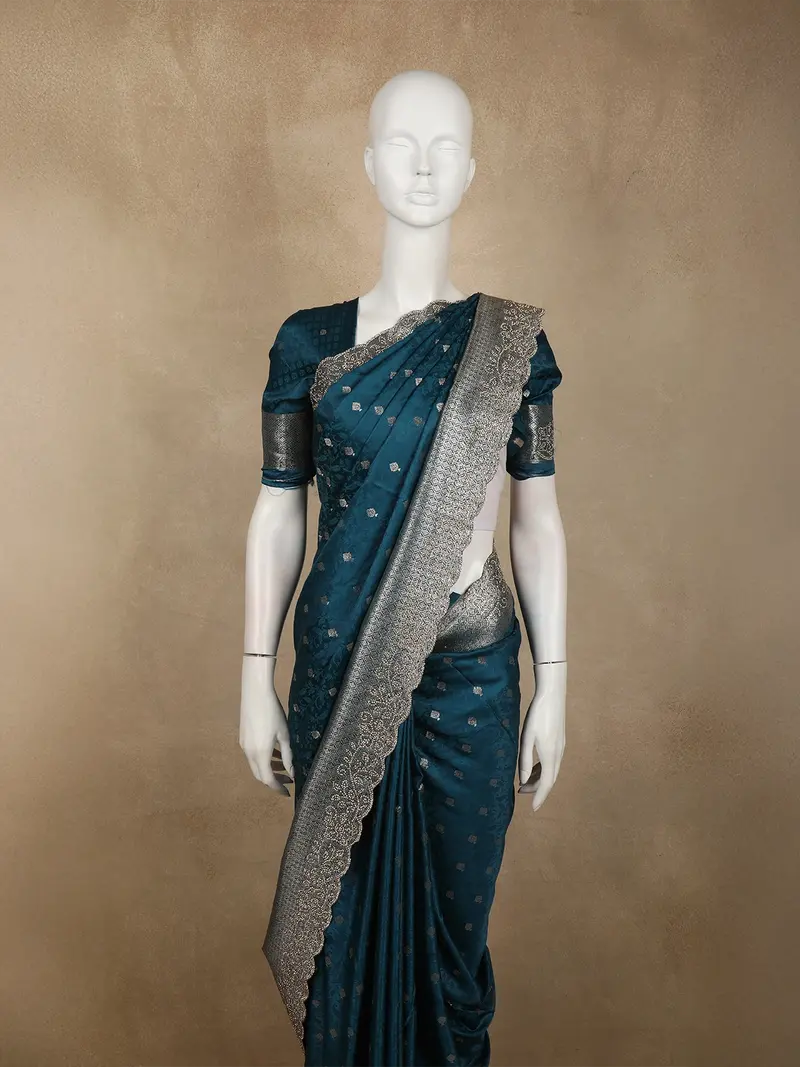 Peacock Teal Blue Butta Zari Woven Design Pure Satin Saree With Scalloped Border 2