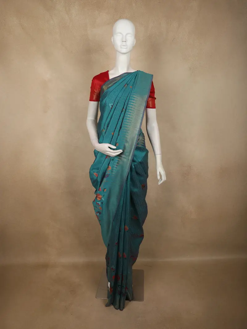 Peacock Teal Blue Floral Butta Thread Embroidered Design Tussar Saree With Peacock Border 1
