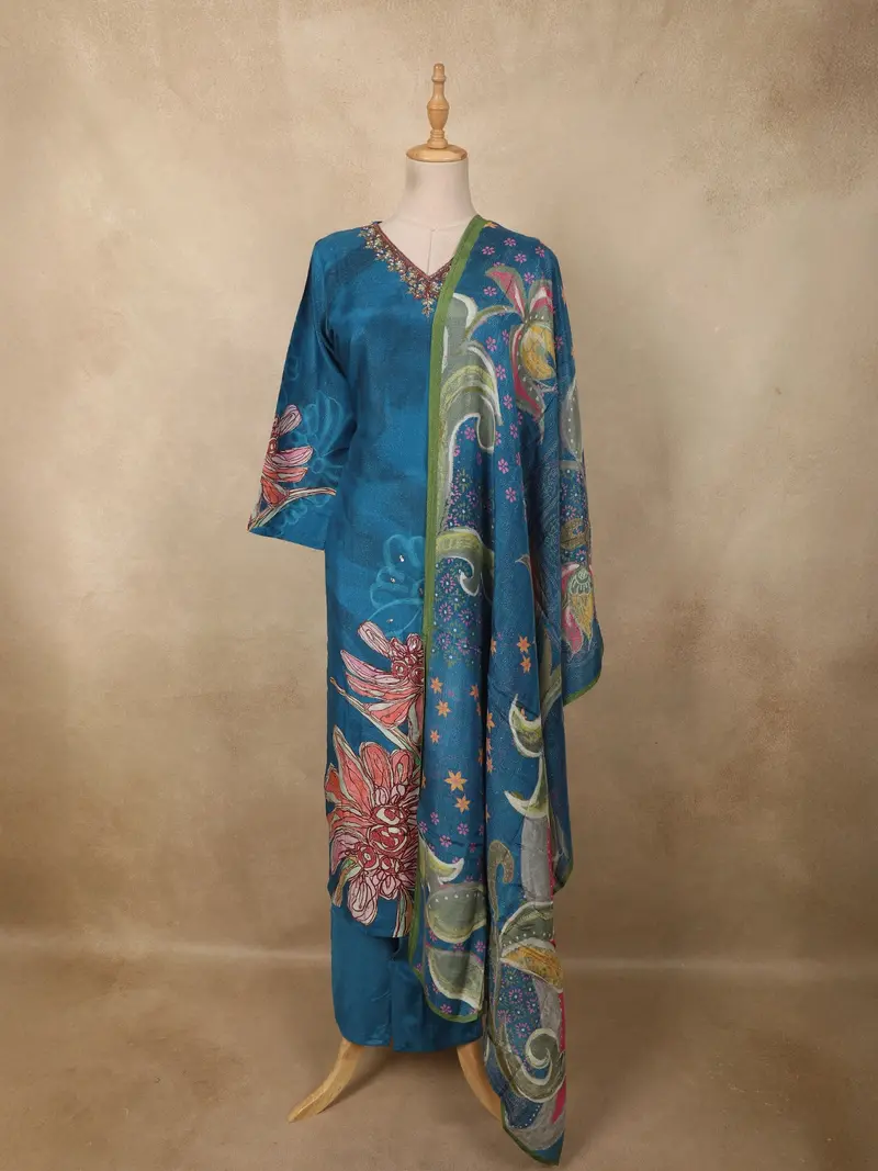 Peacock Teal Blue Floral Sequins Embroidered Design Cotton Straight Cut Salwar Suit With Dupatta 1