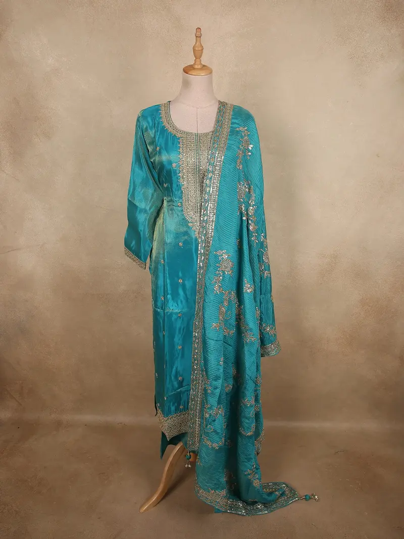 Peacock Teal Blue Floral Zari Embroidered Design Tissue Silk Salwar Suit 1
