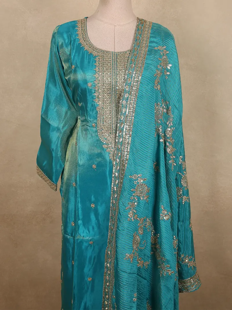 Peacock Teal Blue Floral Zari Embroidered Design Tissue Silk Salwar Suit 2