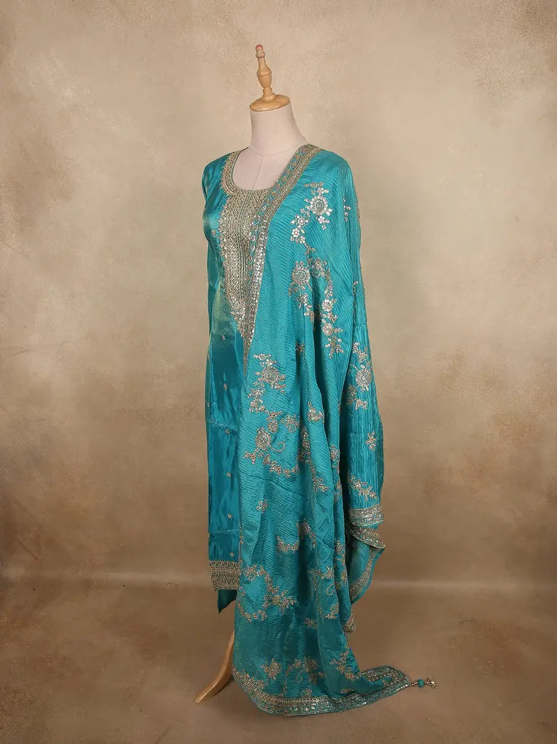 Peacock Teal Blue Floral Zari Embroidered Design Tissue Silk Salwar Suit 3